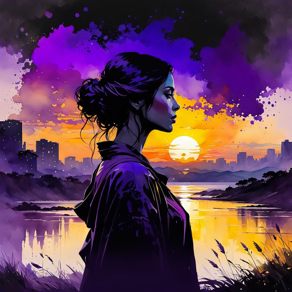 Girl at Dusk: Watercolor Silhouette with Sunset