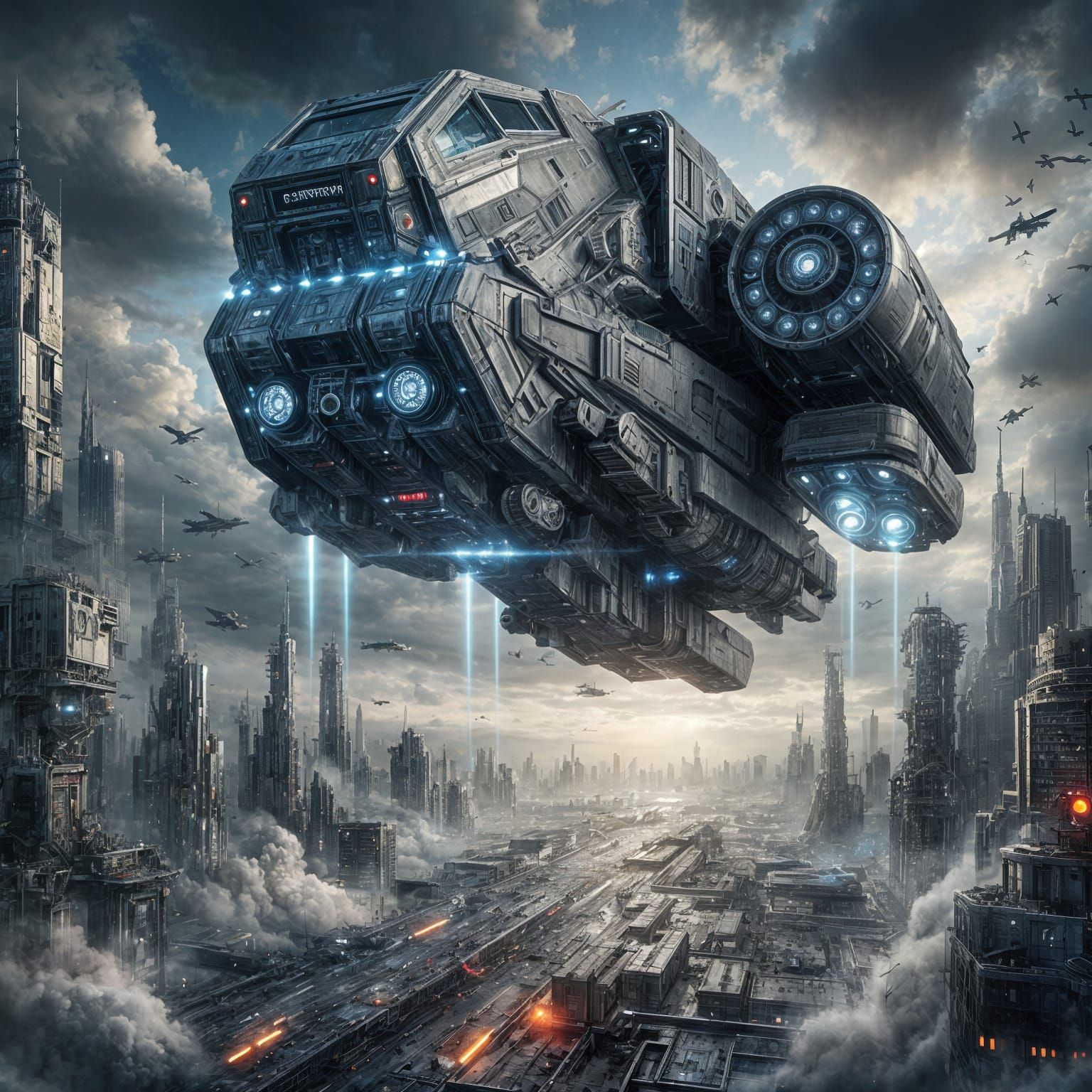 Futuristic Flying Tank Soars Through Turbulent Skies Over Dy...