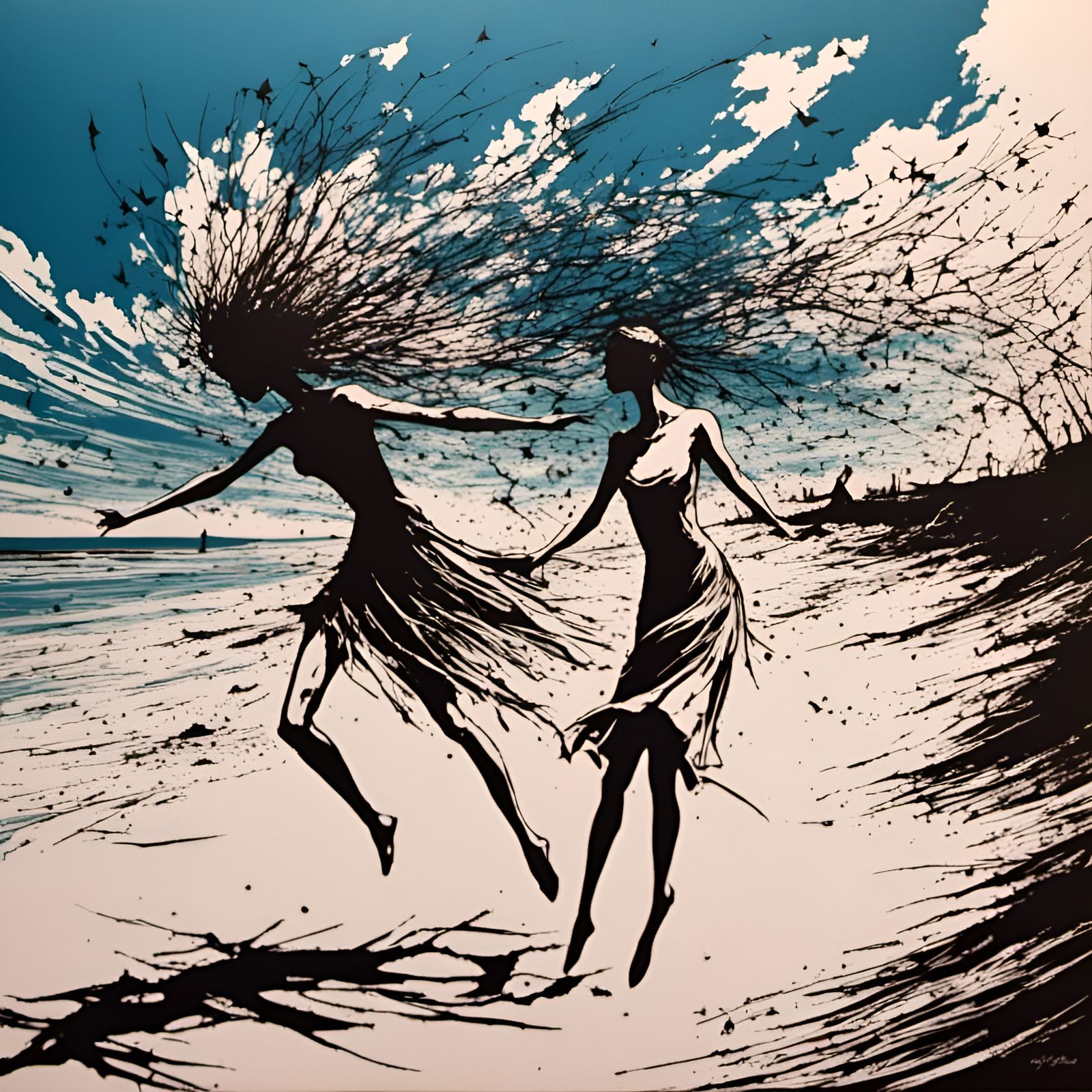 Beach Scene with Wood Carving and Splash Art