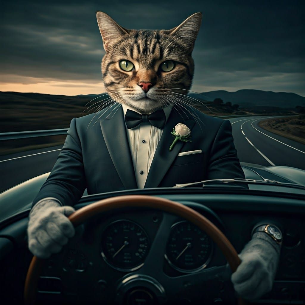 A cat dressed as James Bond driving an Aston Martin