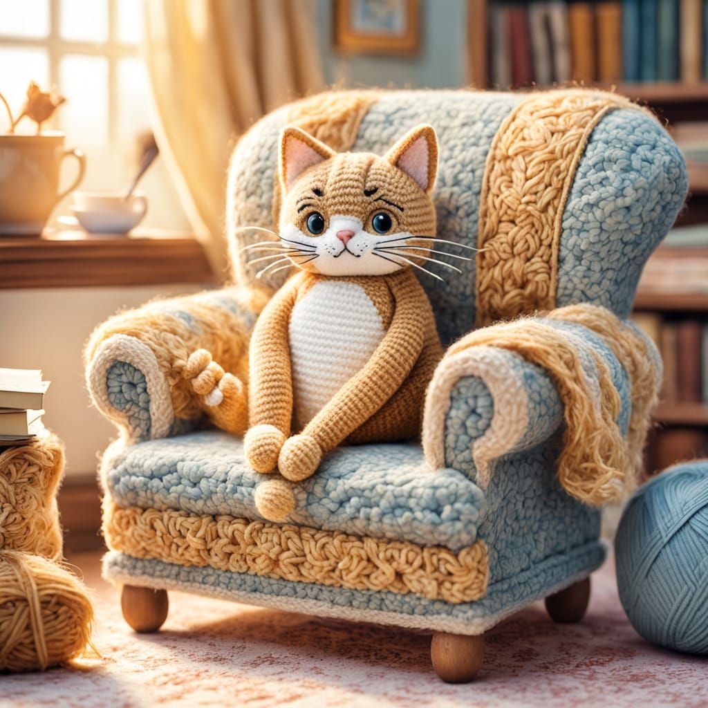 Amigurumi Cat Dreams in Watercolor Storybook Style