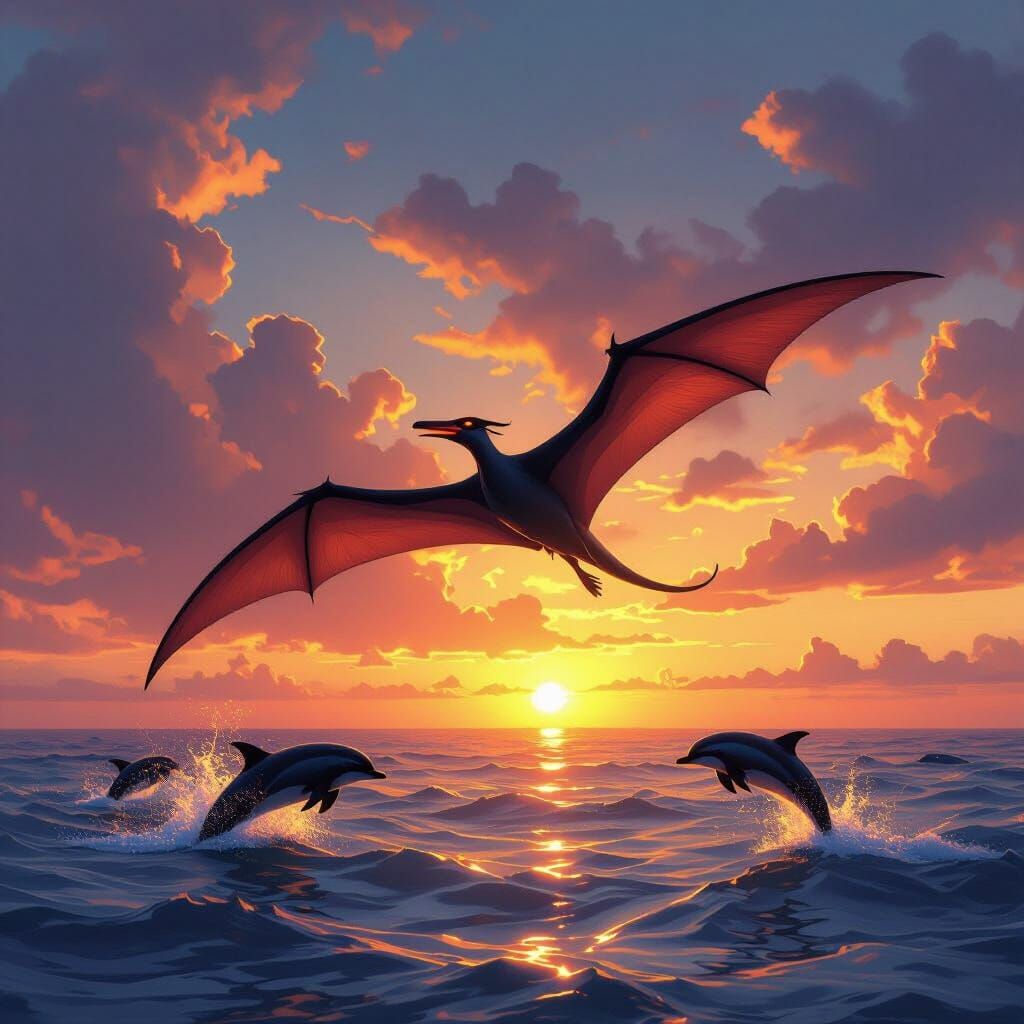 Pterodactylus Soaring Through Sunset Sky as Digital Art