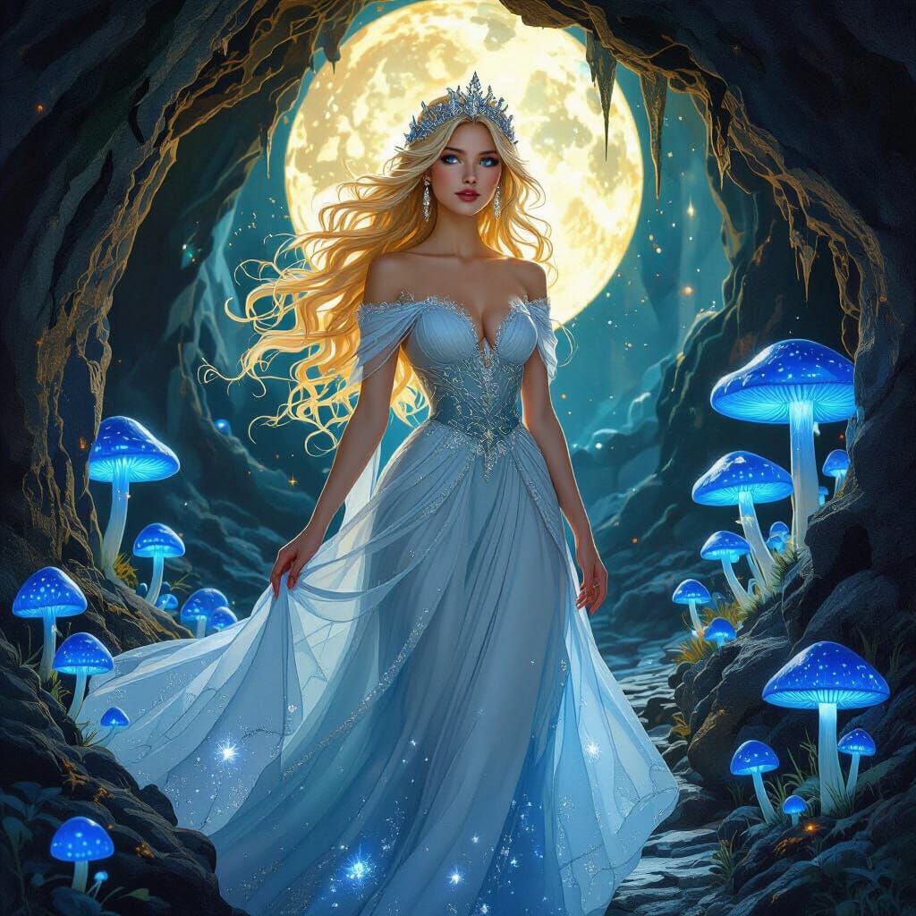 Ice Queen in Bioluminescent Grotto: Folk Art Nouveau