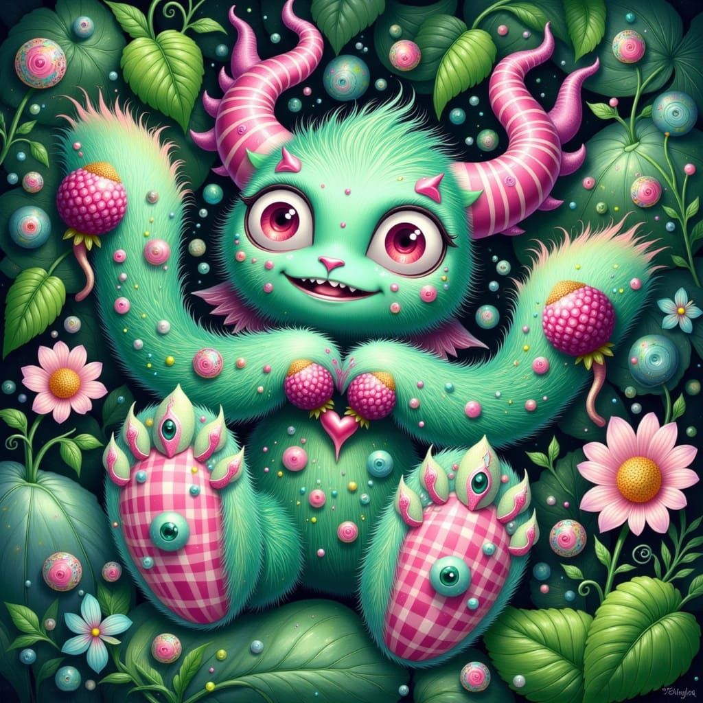 Whimsical Berry Monster Foo in Vibrant Gingham Accents