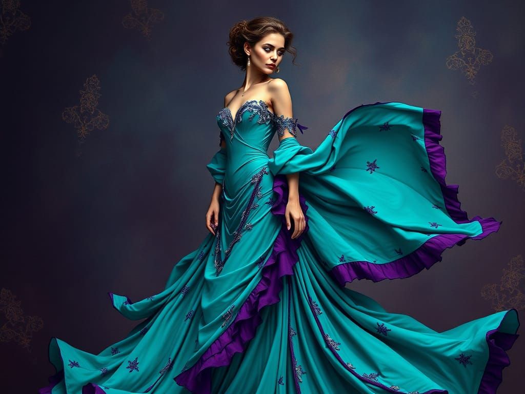Ethereal Goddess in Vibrant Teal and Purple Haute Couture