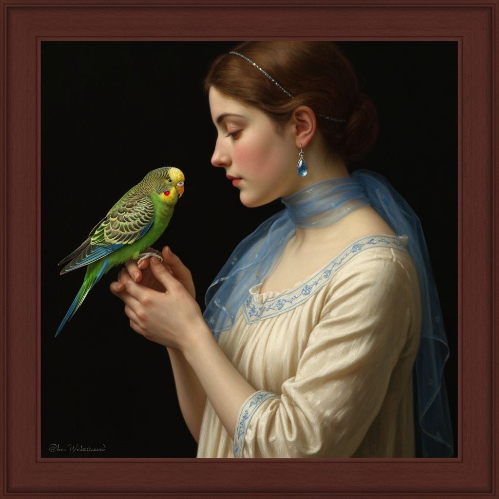 Woman with Parakeet in Pre-Raphaelite Style