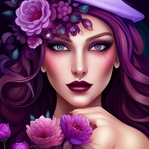 Elegant Lady with Purple Hair and Sunset, Fantasy Style