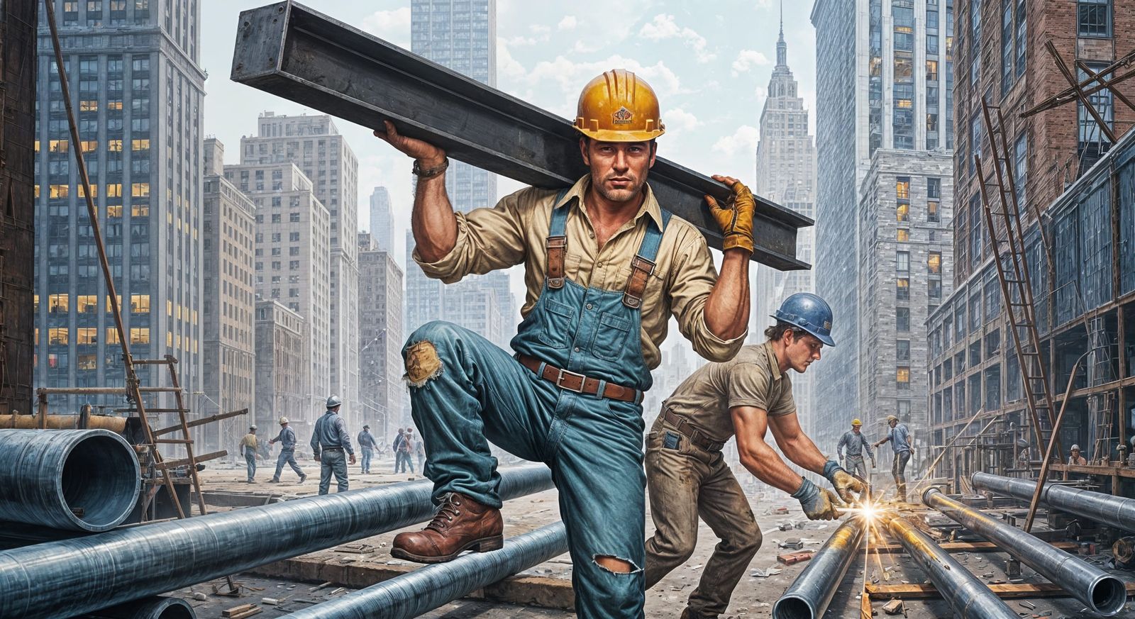 1960s Superhero Construction Site Acrylic Painting