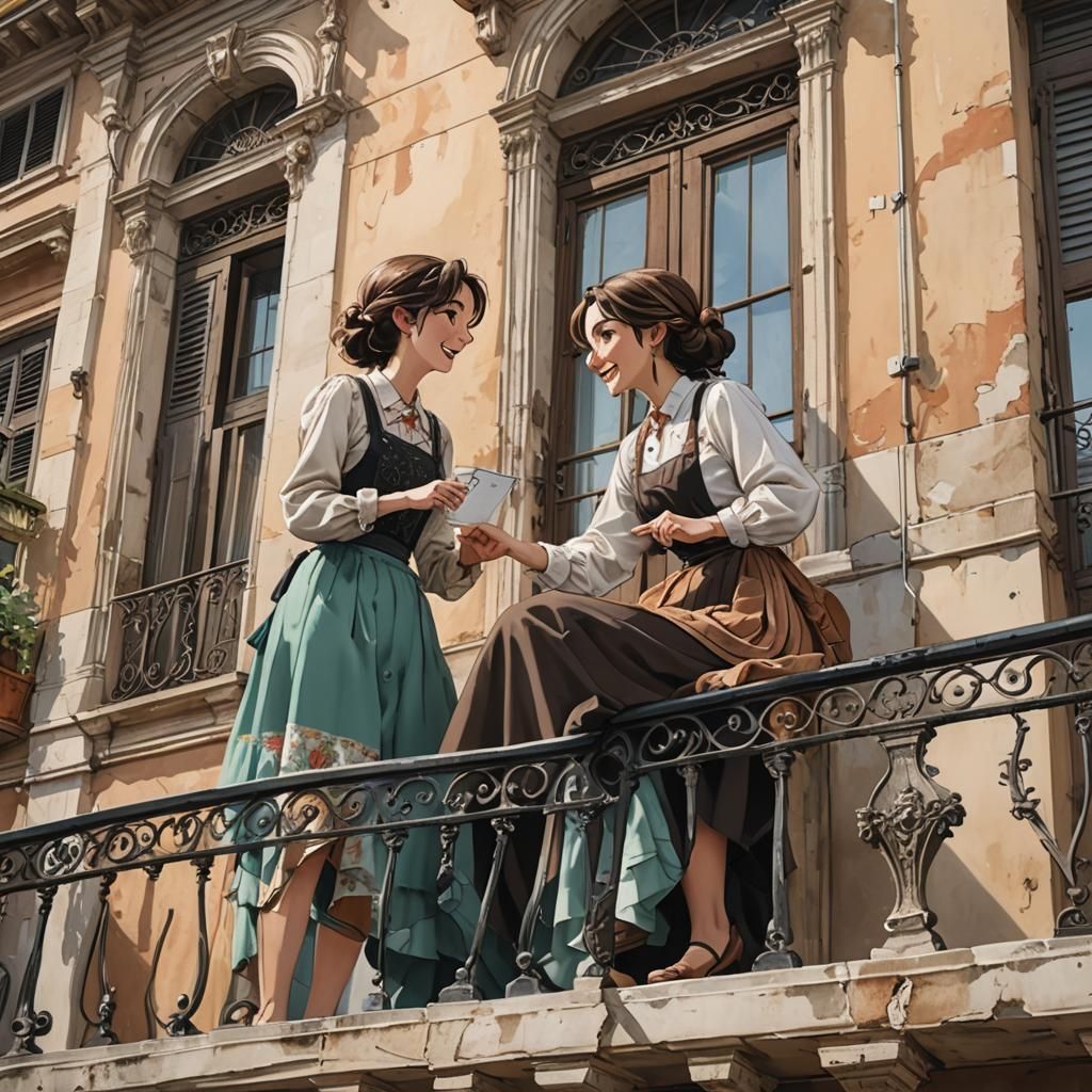 Italian Women Balconies Conversation in Anime Style