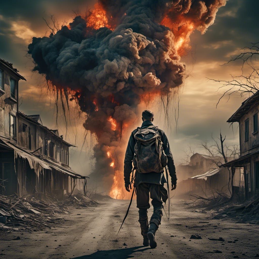 Futuristic Soldier in Post-Apocalyptic Cityscape