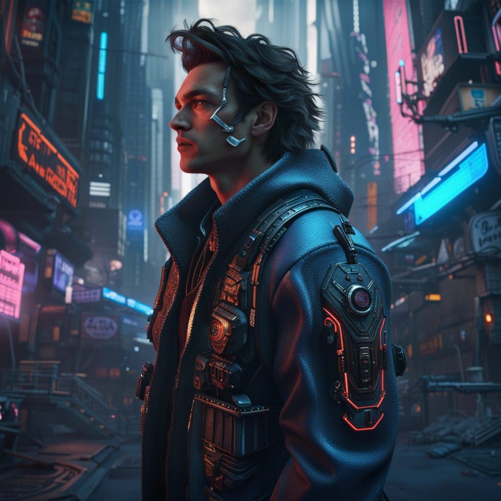 Handsome Man in Cyberpunk Sci-Fi Future