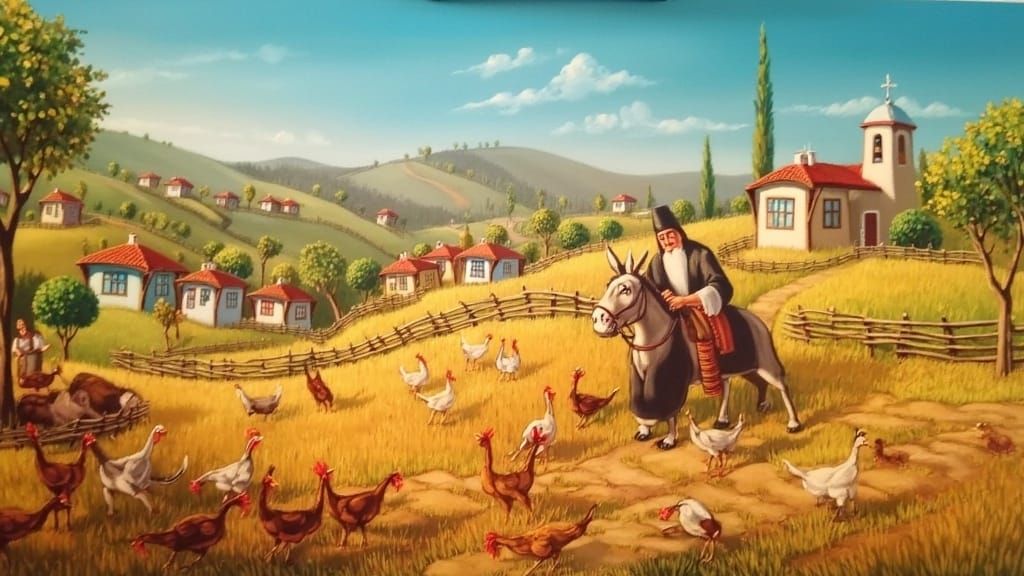 Bulgarian Priest on Donkey in Naive Art Landscape
