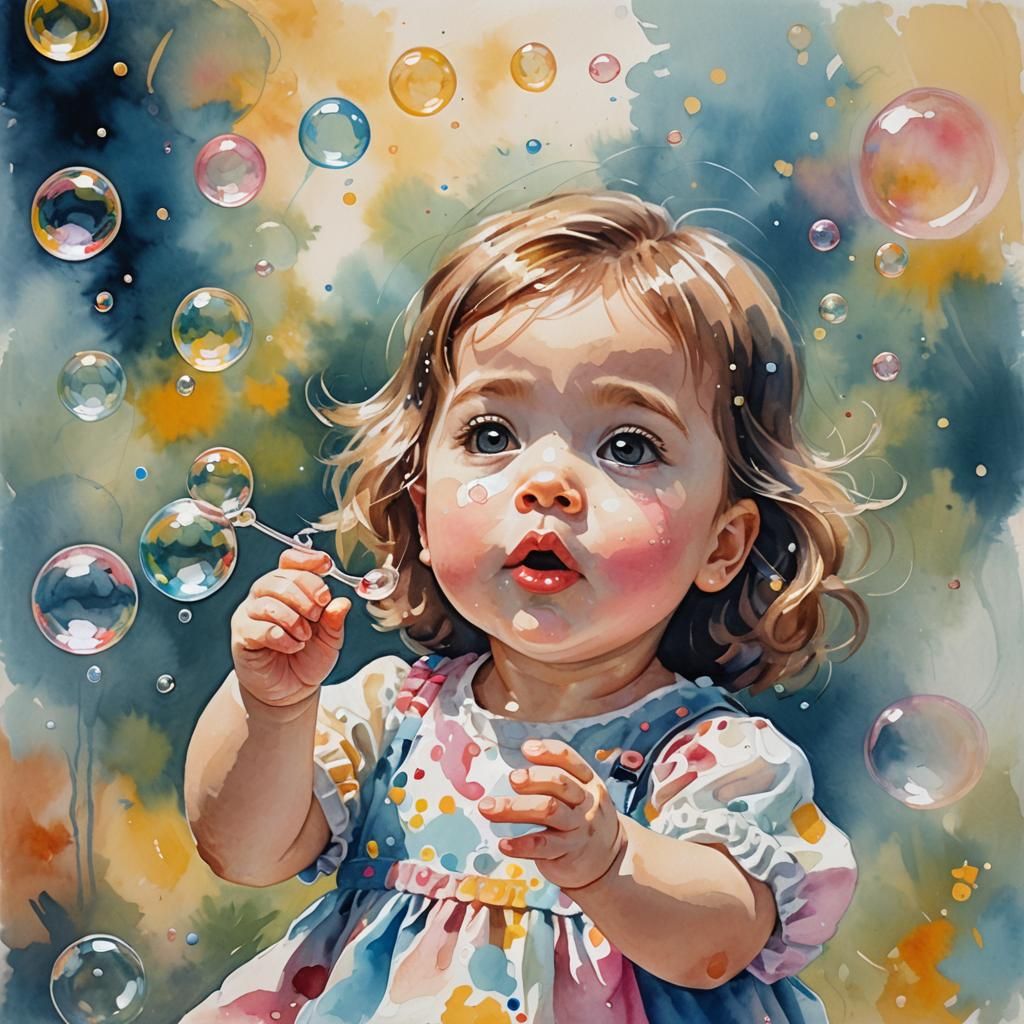 Baby Girl Blowing Bubbles in Gouache Watercolor