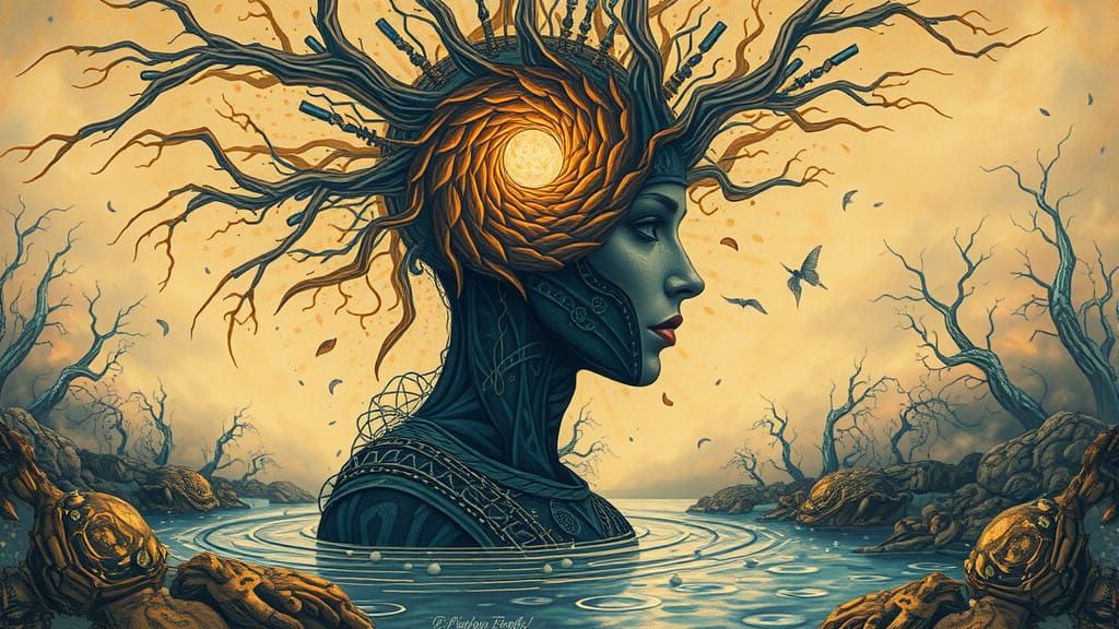 Surrealist Dreamscape with Contemplative Woman