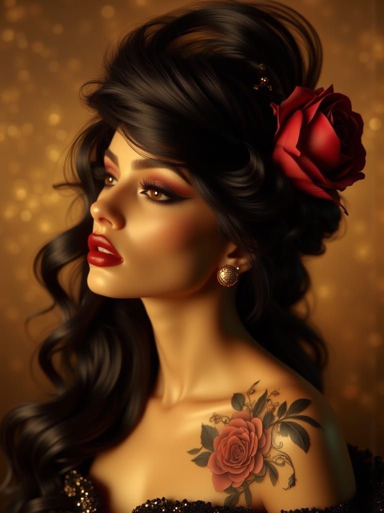 Elegant Art Nouveau Siren with Red Rose and Smoky Eyes