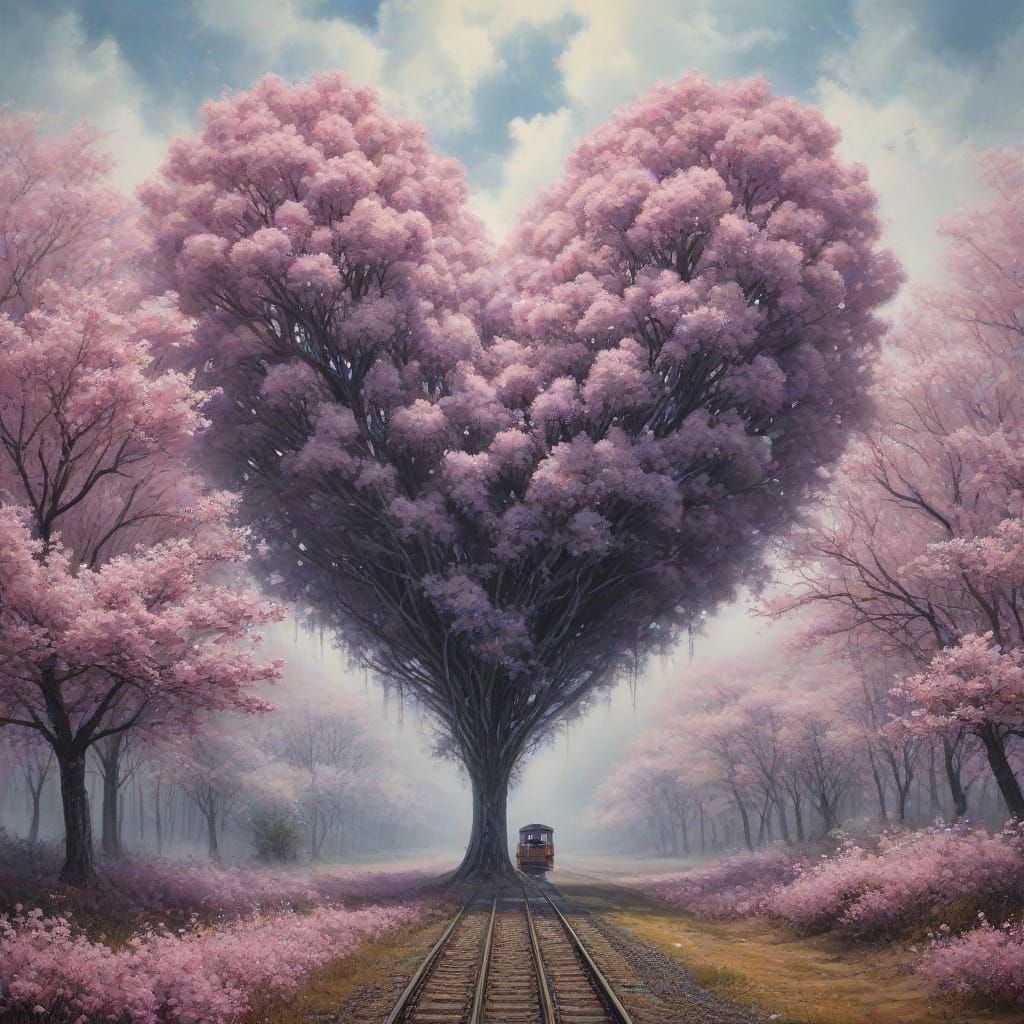 Whimsical Love Landscape in Soft Pastel Ink Art