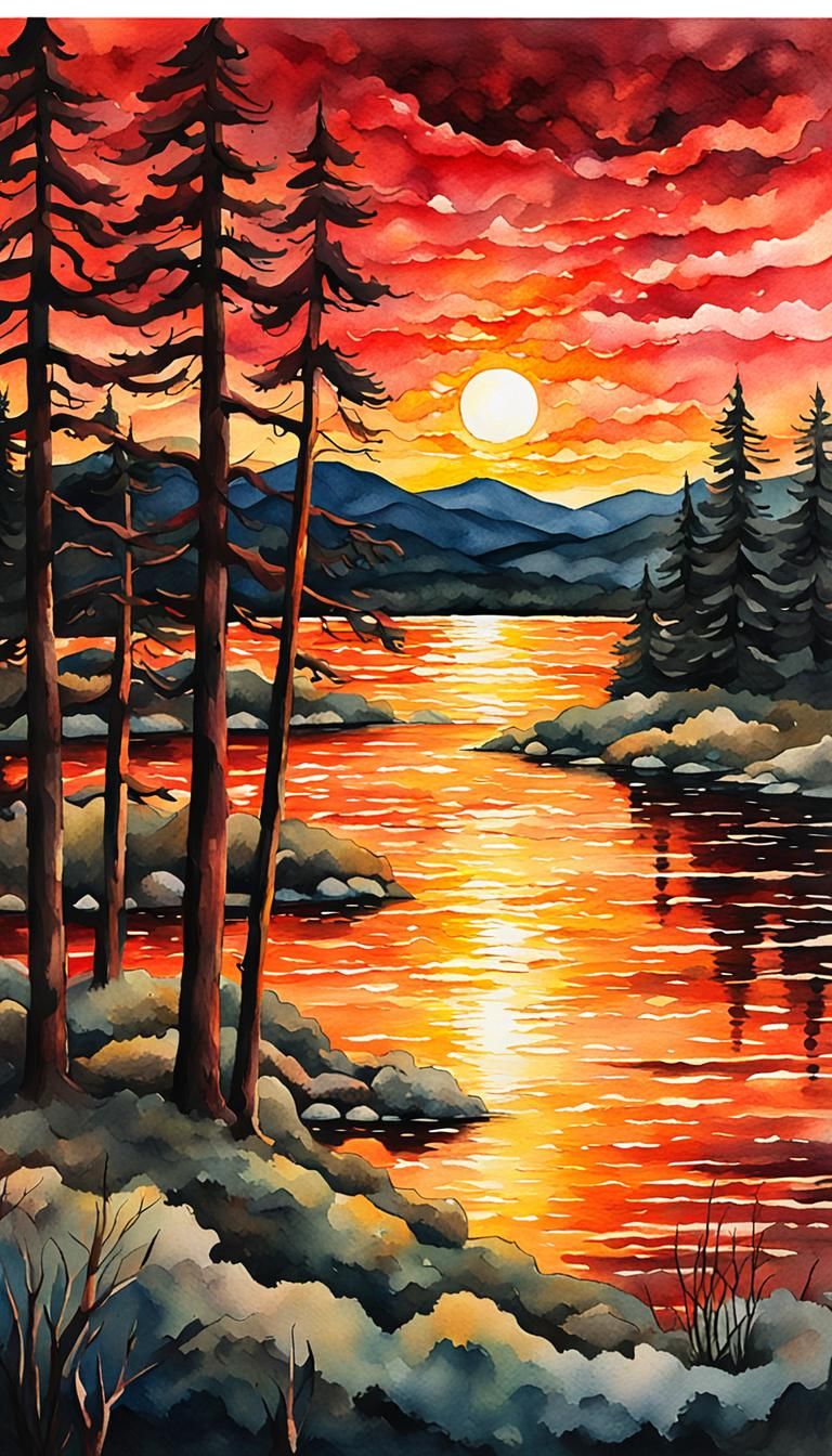 Lake Sunset Painting in Oil, Watercolor, and Ink