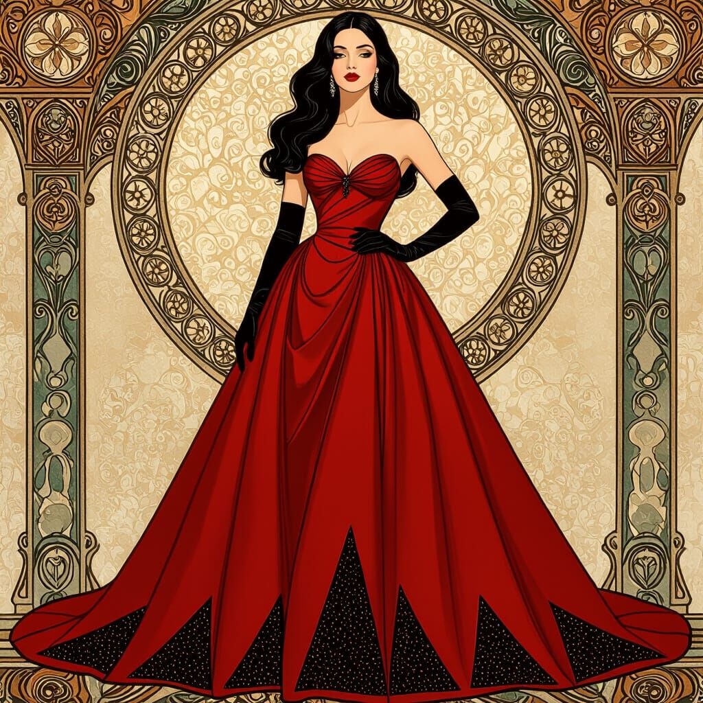 Elegant Woman in Red Gown, Art Nouveau Style