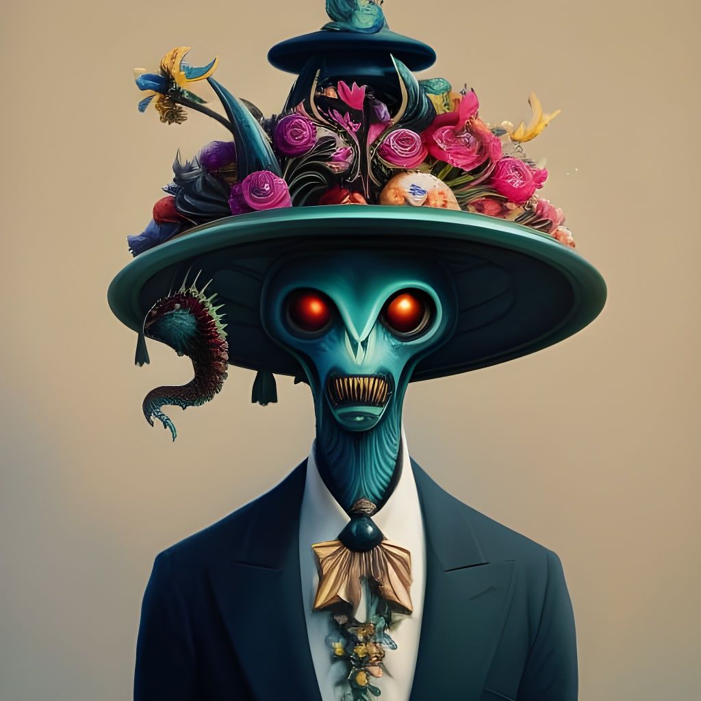 Alien in Ornate Floral Hat, Surrealist Artwork