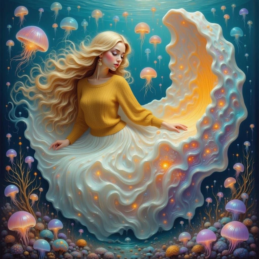 Ethereal Woman in Seashell Gown in Surreal Fantasy