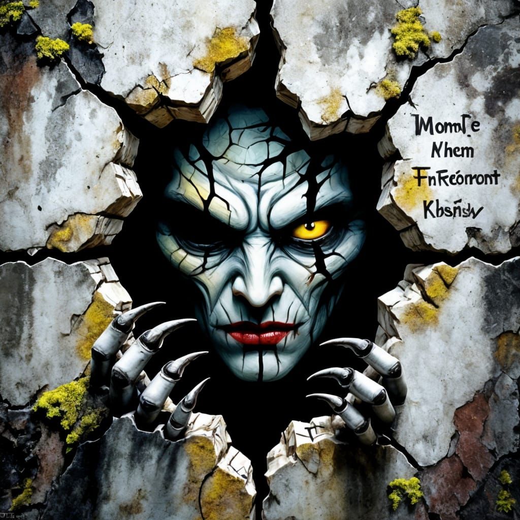 Fragmented Monster Portrait in Surreal Stone Decay