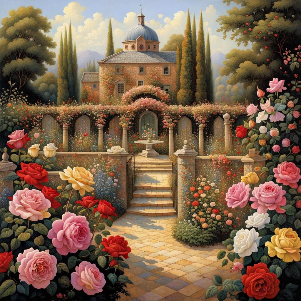 Whimsical Rose Garden in Fantasy Art Style