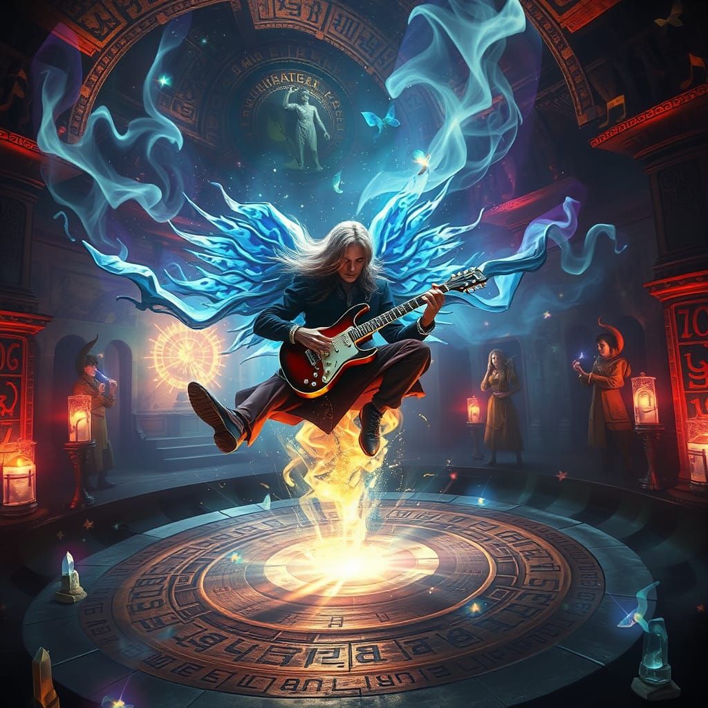 Magical Guitarist Floating in Cosmic Fantasy Realm