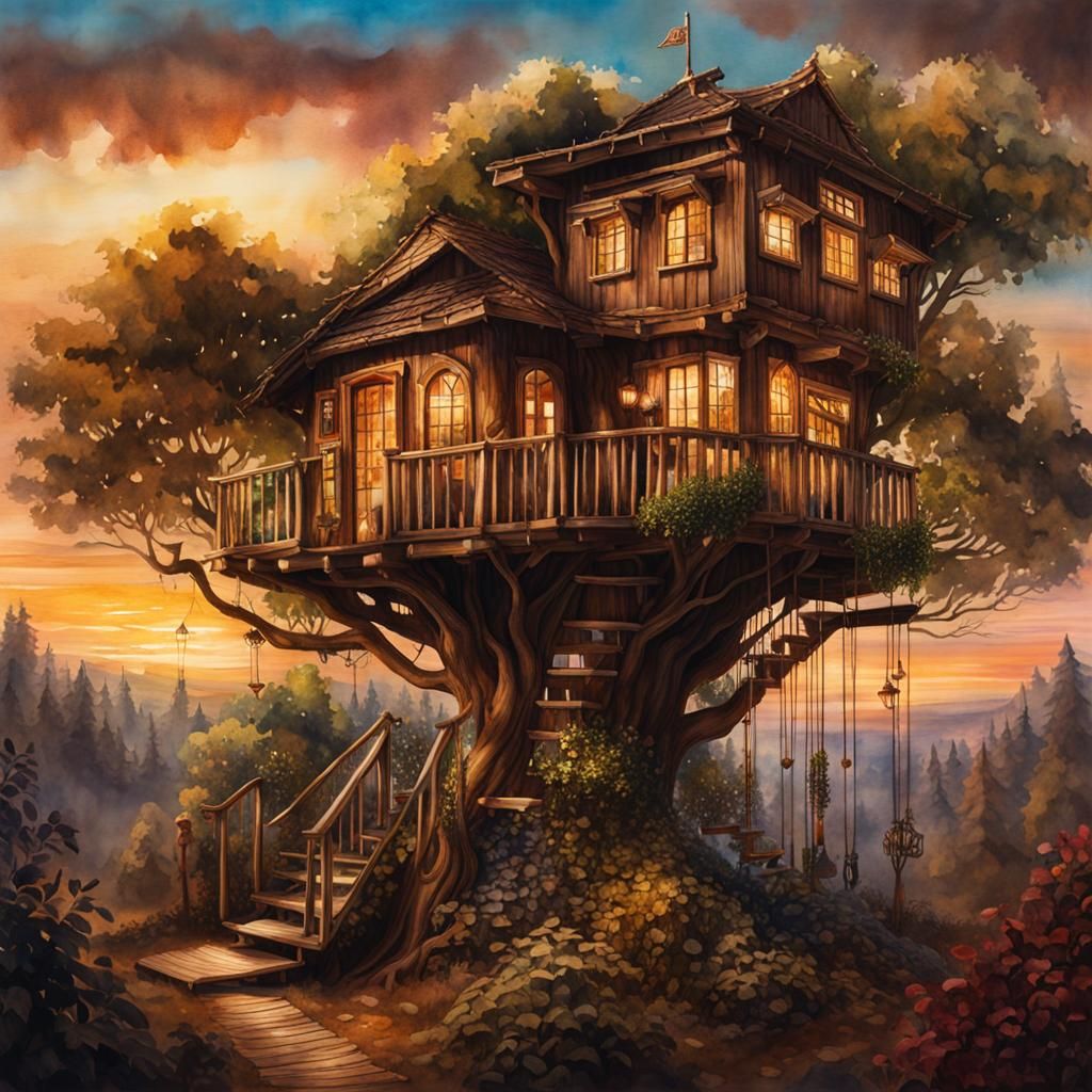 Whimsical Wilderness Treehouse in Watercolour Style