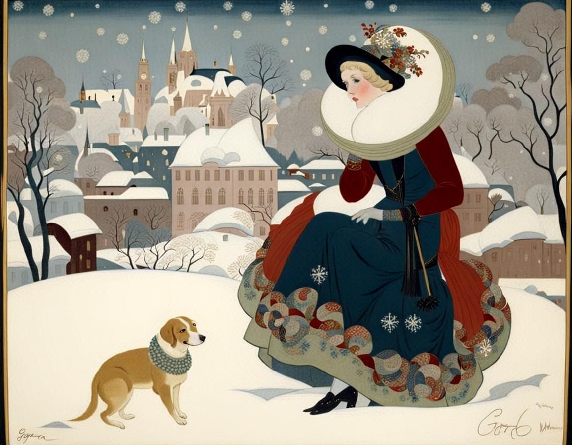 Snowy Day Scene in Art Deco Style