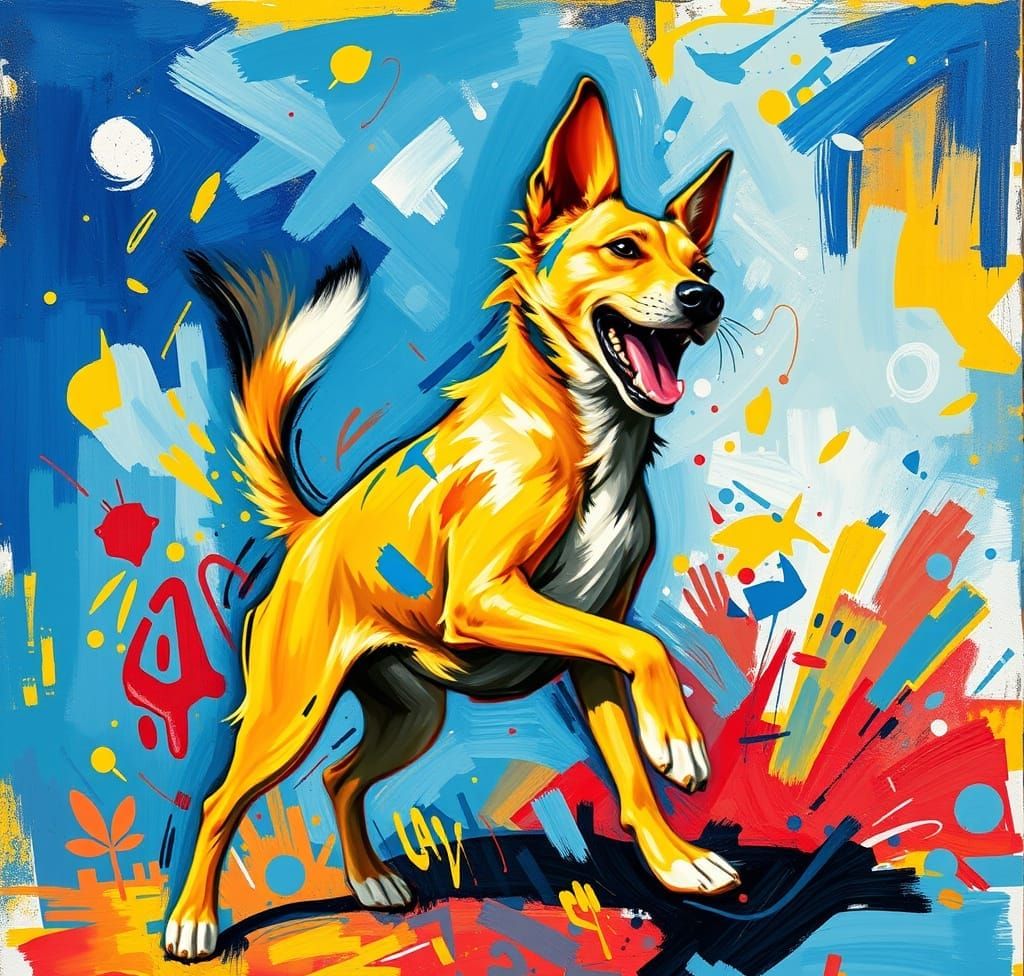 Abstract Canine Play in Vibrant Cubist Style
