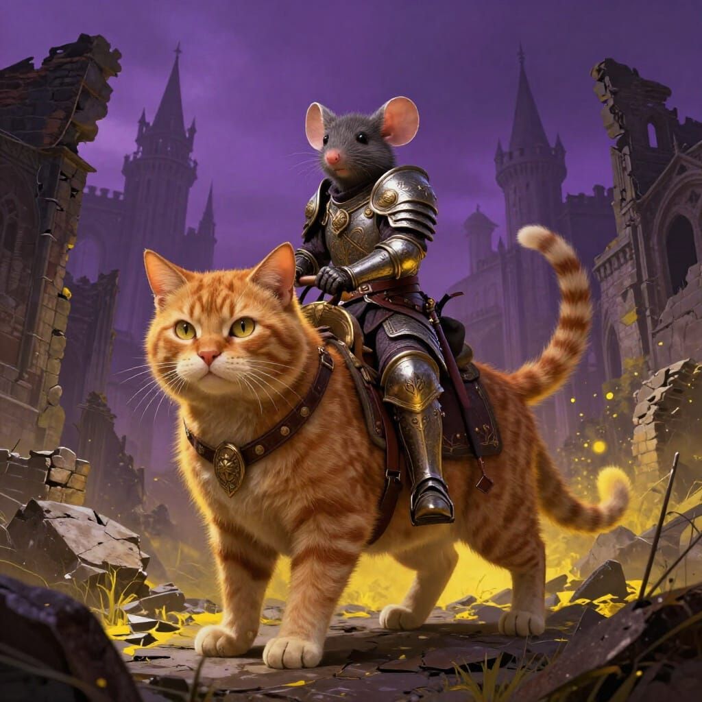 Mouse Warrior on Cat in Ruined Town