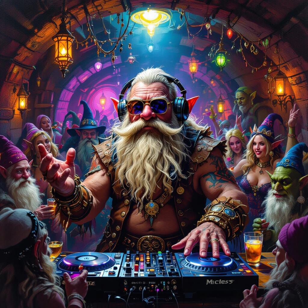 Dwarven Underground Nightclub with Magical Creatures, Oil Pa...