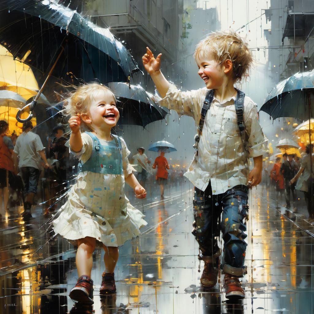 Joyful Toddlers Laughing in the Rain: Fine Art