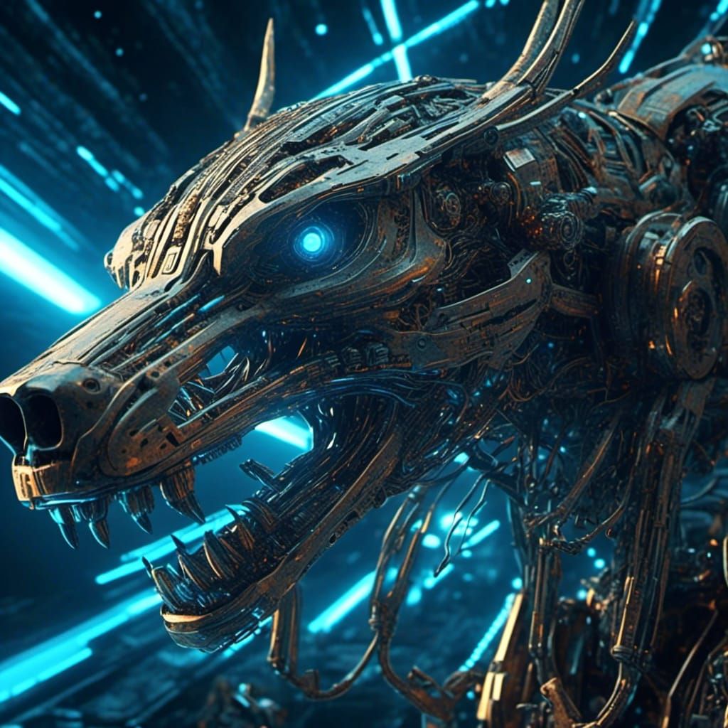 Mechanical Wolf Skull Repairs Spaceship in Futuristic Concep...