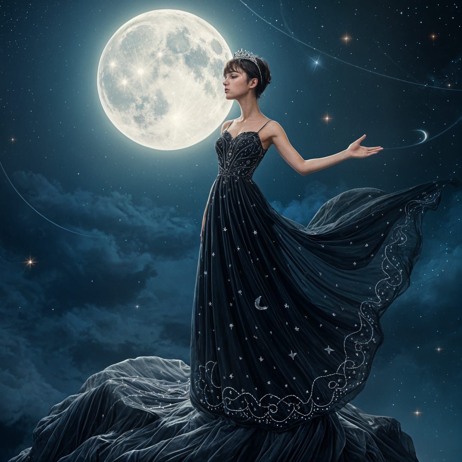 Moonlit Silhouette: Woman Embracing the Night Sky