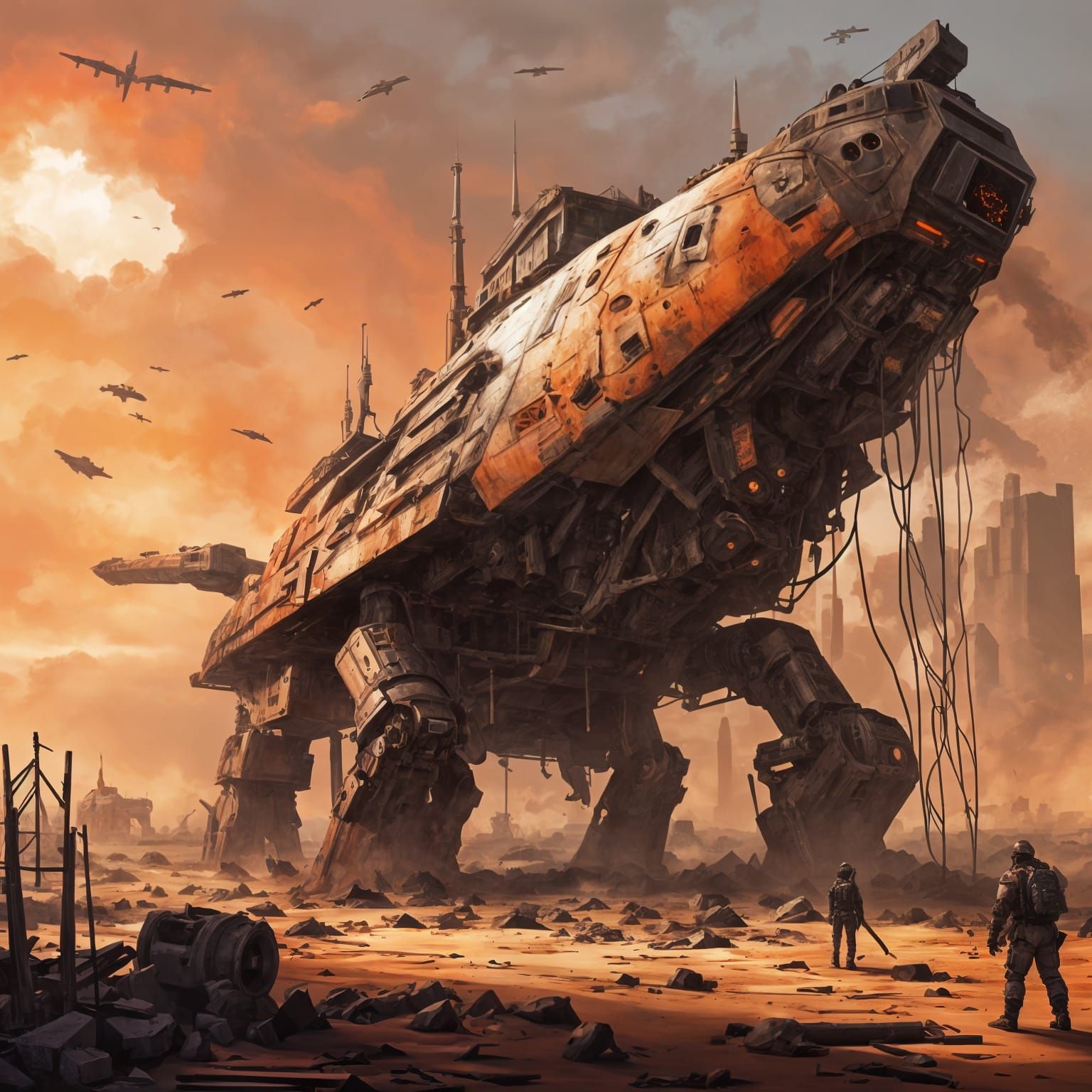 Mechanical Whale Fortress Patrols Post-Apocalyptic Horizon