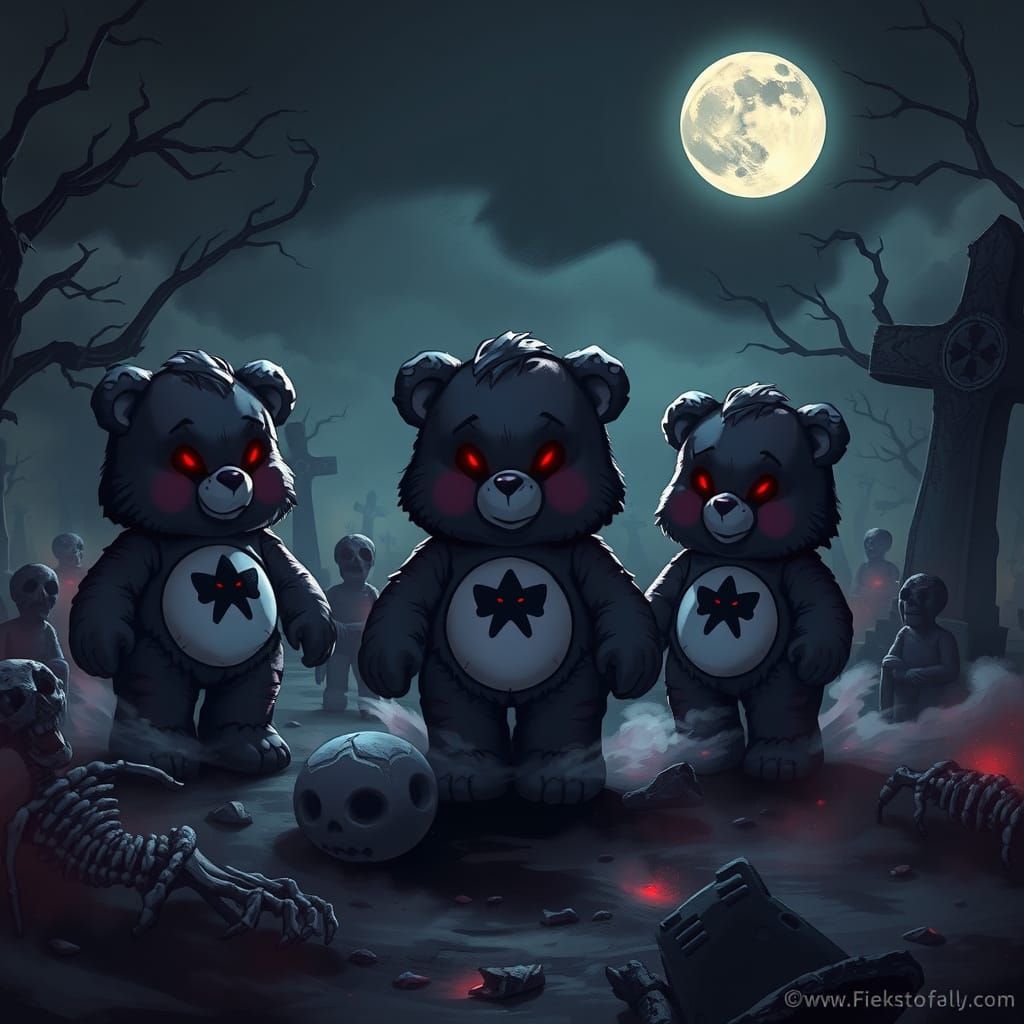 Gothic Care Bears in a Moonlit Graveyard