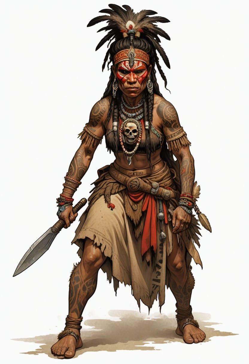 Tattooed Maori Tribal Warrior in Cinematic Fantasy Illustrat...