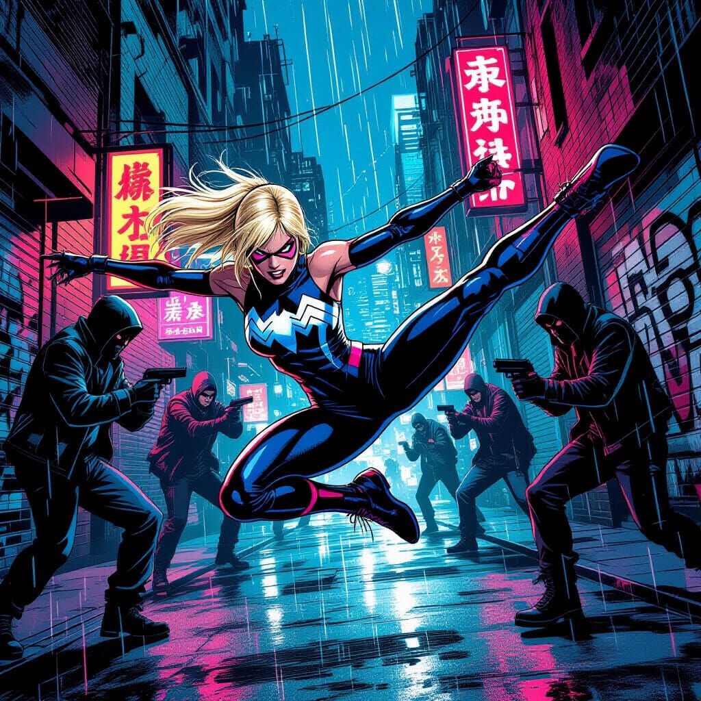 Gwen Stacy Fights Thugs in Cyberpunk Alley