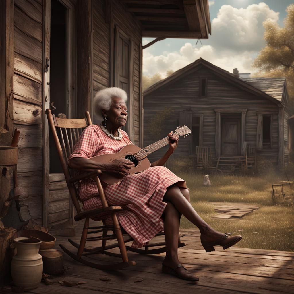 Elderly Woman Plays Guitar: Detailed Matte Painting