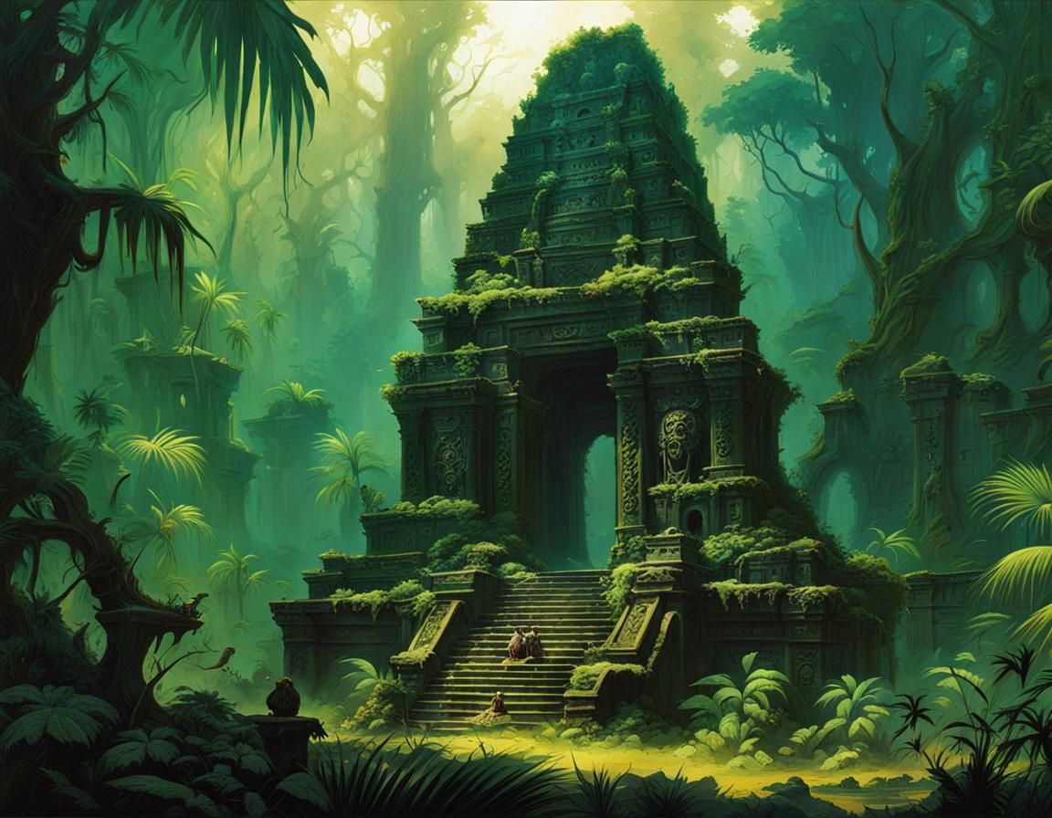 Dark Fantasy Aztec Temple Ruins in Jungle