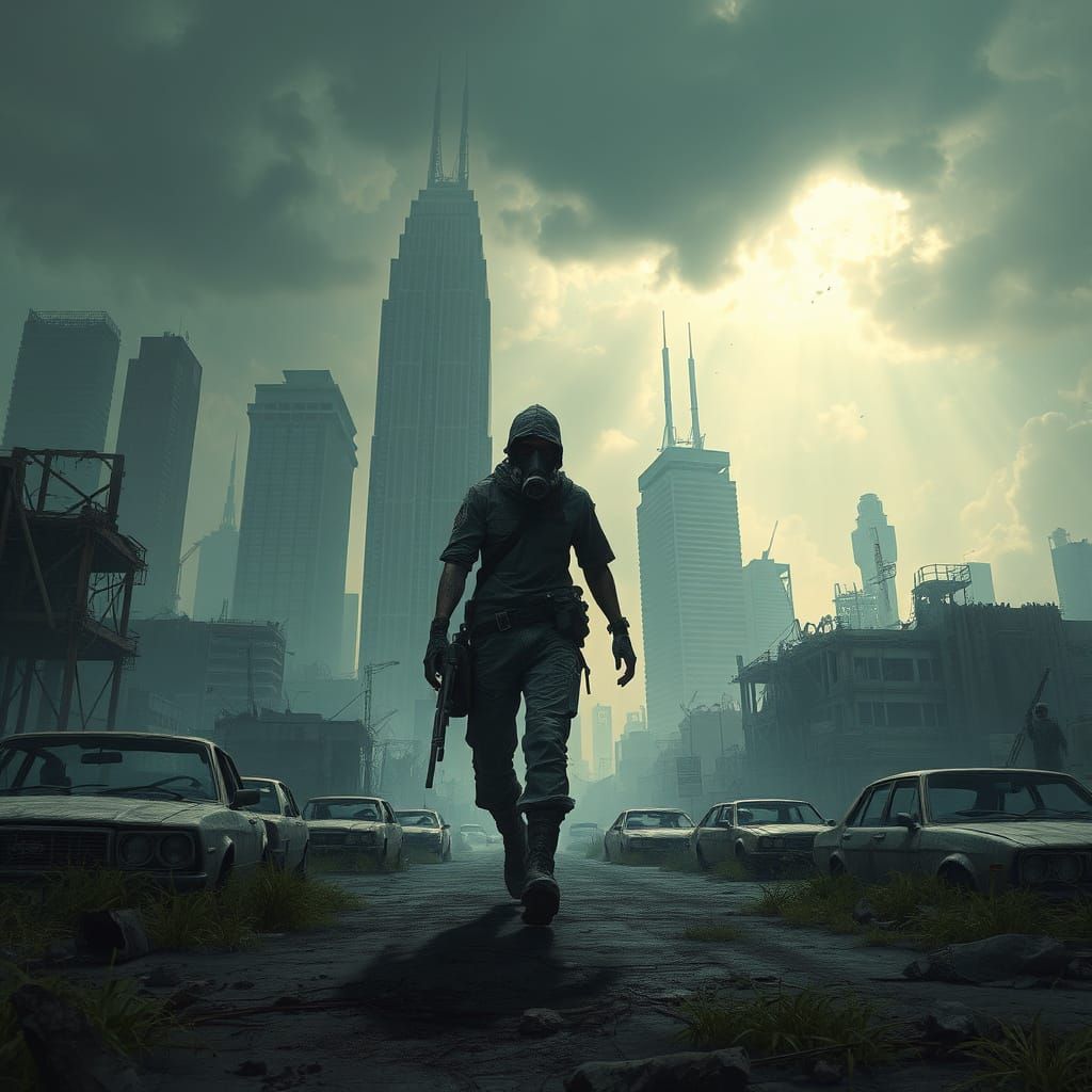 Post-Apocalyptic Survivor in Ruined Overgrown City