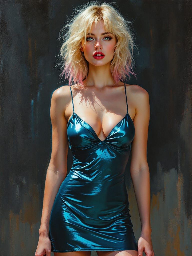 Pin Up Woman With Pink Tipped Hair in Metallic Cyan Dress