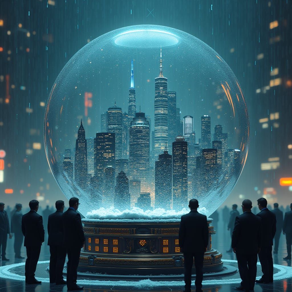 Futuristic Cityscape Trapped in a Snowglobe of Code