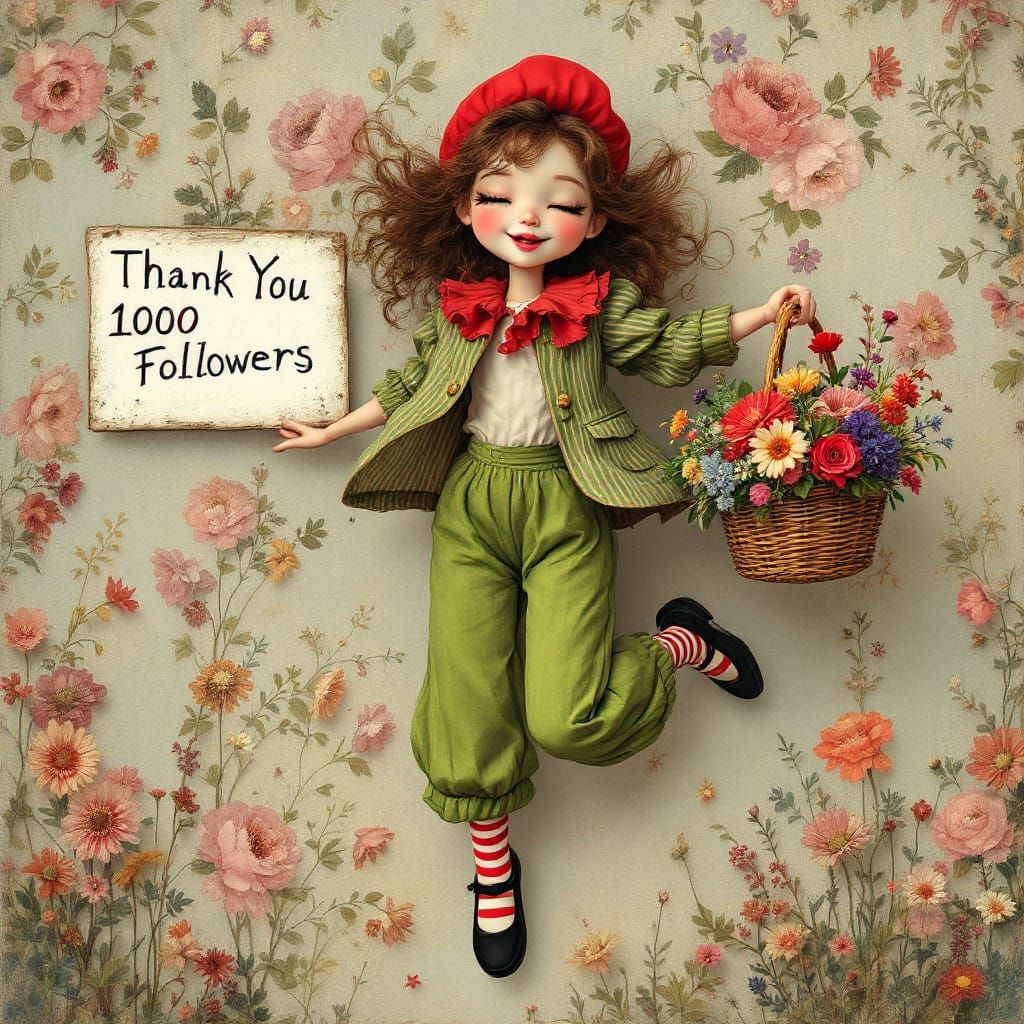 Joyful Girl Celebrates 1000 Followers with Flowers