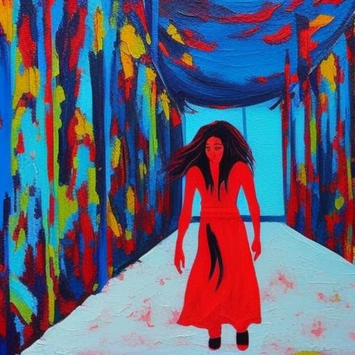 Horror Girl in Haunted School: Expressionist Oil Painting