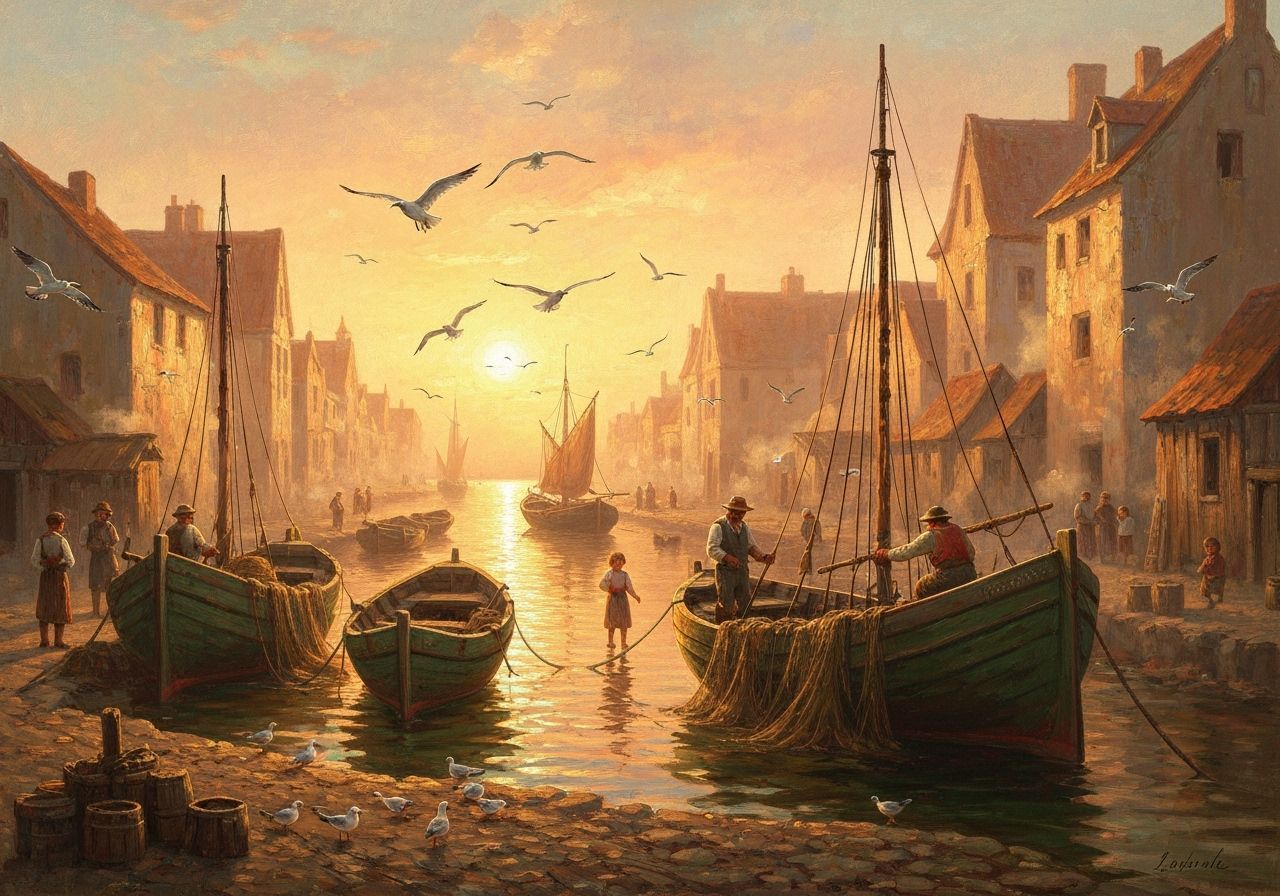 Medieval Fishing Harbor in Impressionistic Style