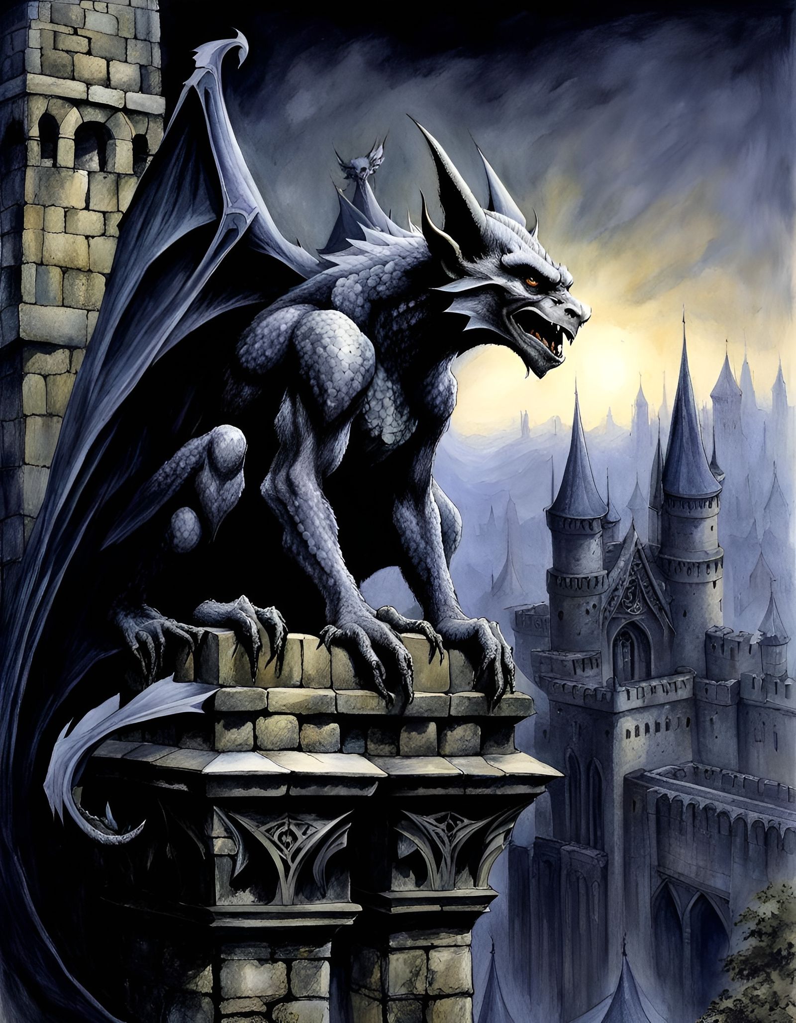 Gargoyle on Castle Wall: Dark Fantasy Art