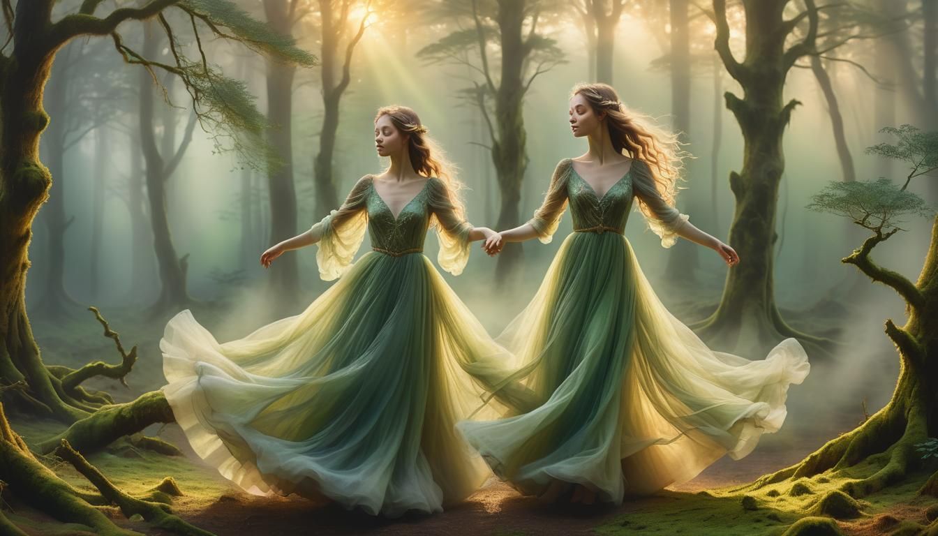 Ethereal Woman Dancing in Misty Forest, Oil Painting