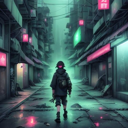 Post-Apocalyptic Survivor in Neon-Lit Soho Japan